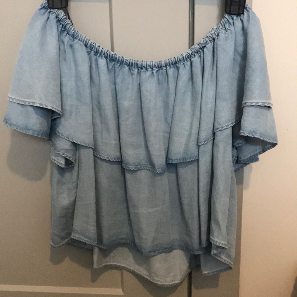 Zara off-shoulder chambray-denim top